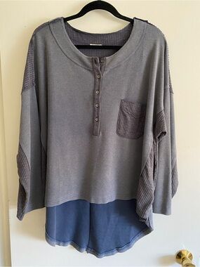 POL Washed Slate Blue Layered Henley